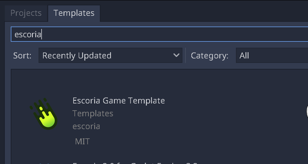 Searching for Escoria in the template library