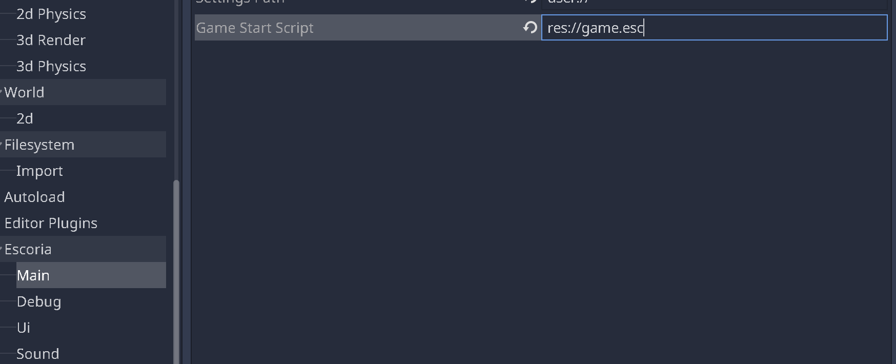 The parameter Game Start Script set to res://game.esc