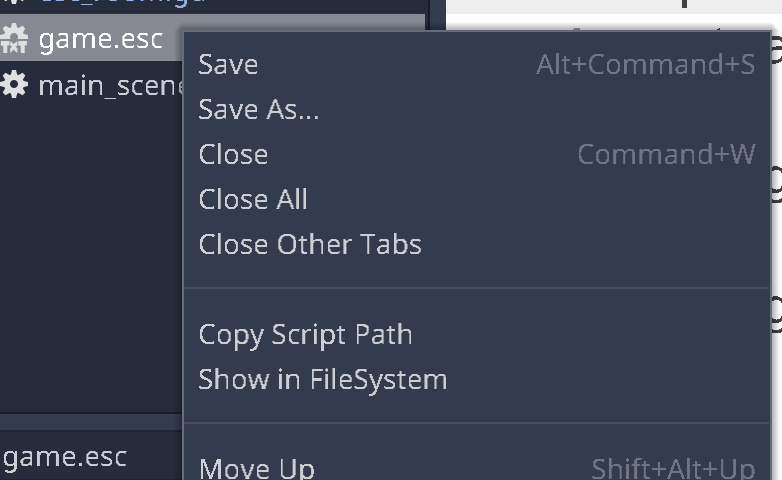 The context menu shown when the script game.esc is right clicked in th editor.